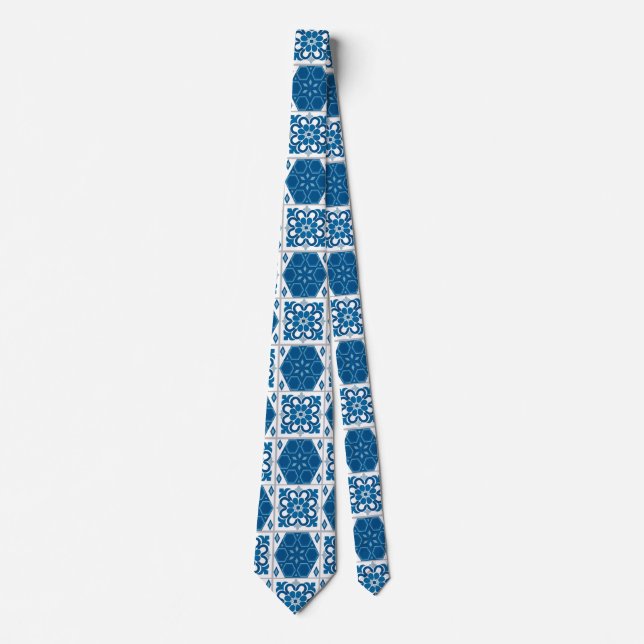 Cravate Blanc et bleu couvre de tuiles le style marocain (Devant)