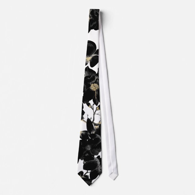 Cravate Blanc noir élégant moderne et motif floral d'or (Devant)