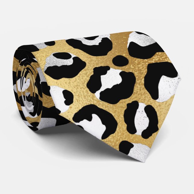 Cravate Blanc or noir empreinte de léopard peau chic (Roulé)