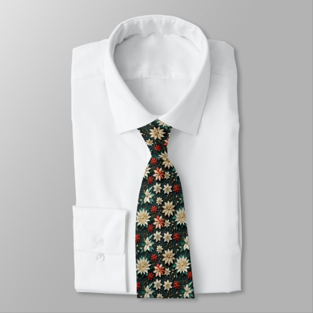 Cravate Blanc Rouge Turquoise Poinsettias Noël AI Art (Attaché)