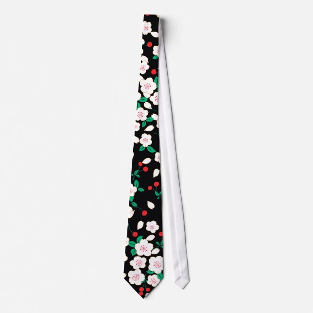 Cravate Blanc Sakura Japonais Floral Kimono (Devant)