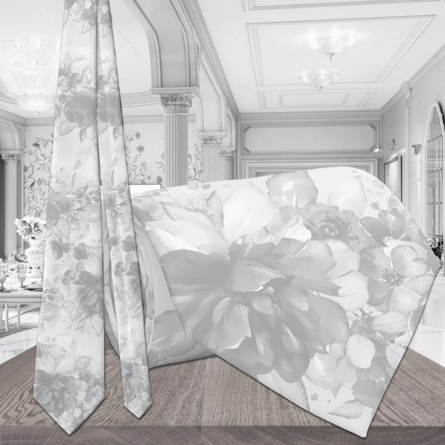 Cravate Blanc Sur Blanc Cascadé Peonies gris pâle Mariage (Créateur téléchargé)
