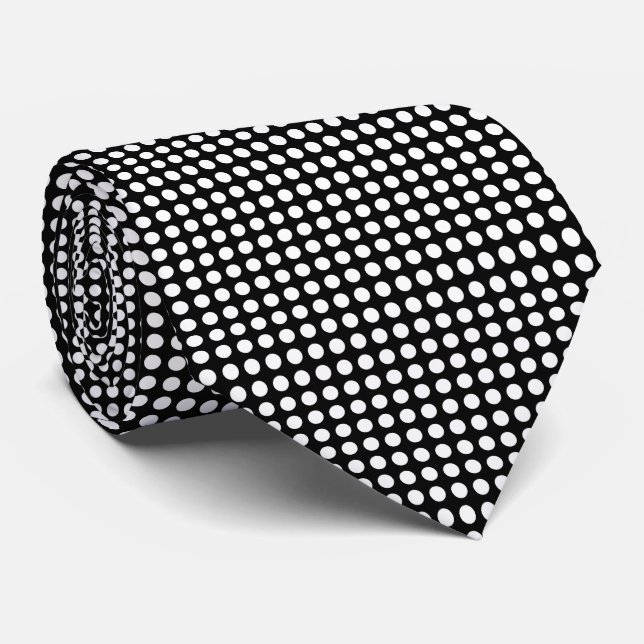 Cravate Blanc sur Noir Moyen Taille Pois horizontaux (Roulé)