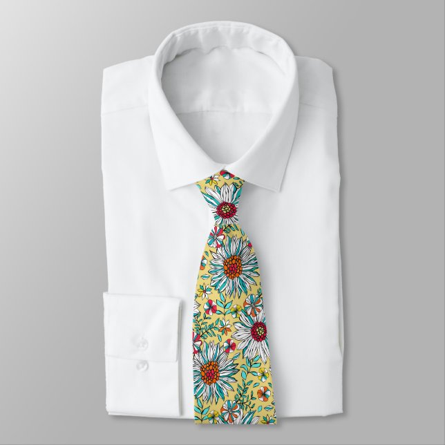 Cravate Blanc Turquoise Jaune orange Rouge Fleurs de margu (Attaché)