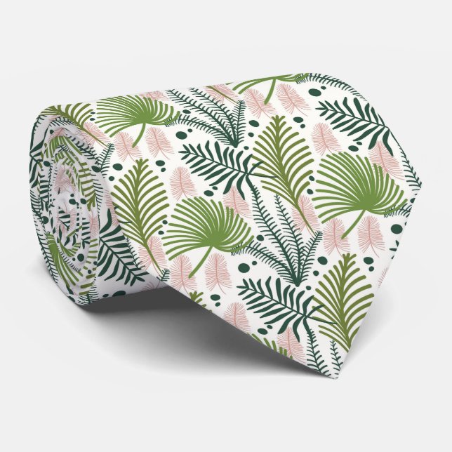 Cravate blanche avec feuille tropicale verte foncé (Roulé)