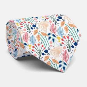 Cravate blanche et Feuilles tropicaux multicolores