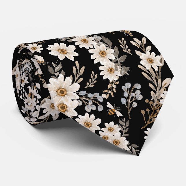 Cravate Blancs marguerites à motifs floraux Noir  (Roulé)