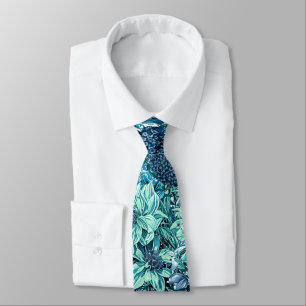 Cravate Bleu Blanc Turquoise Jardin Fleurs Motif