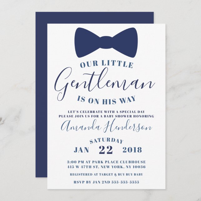 Cravate Bleu Bow Baby shower Gentleman Invitation (Devant / Derrière)