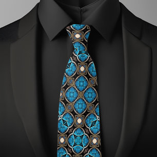 Cravate Bleu Bronze Noir et Crème Motif Diamant Fantaisie