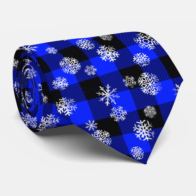 Cravate Bleu Buffalo Plaid Snowflakes Noël (Roulé)