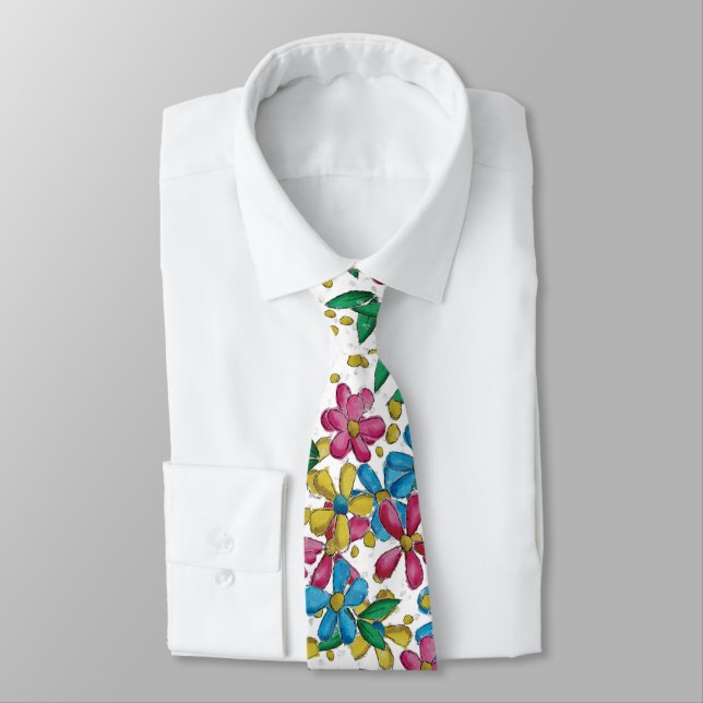 Cravate Bleu clair Jaune chaud rose estivale motif floral (Attaché)