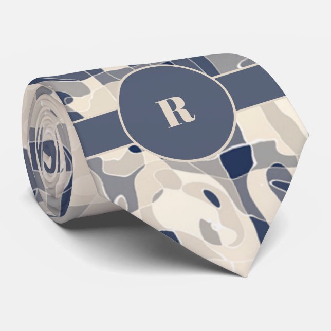 Cravate Bleu démon et Taupe Abstrait avec Monogramme (Roulé)