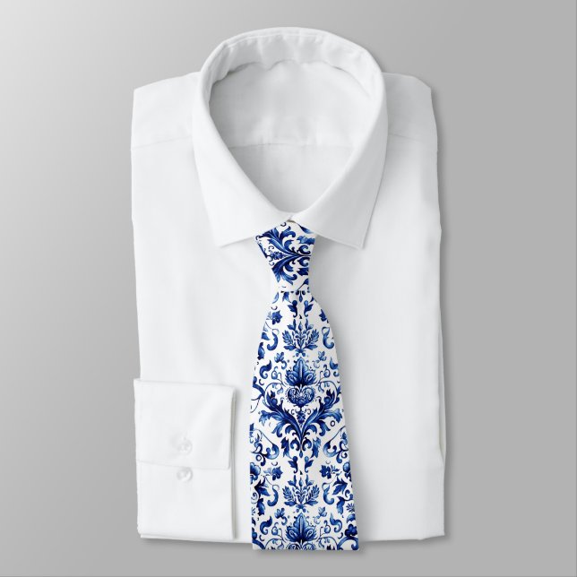 Cravate Bleu et blanc Delft style ornement floral motif (Attaché)