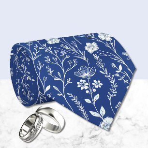 Cravate Bleu foncé et blanc Chinoiserie Floral