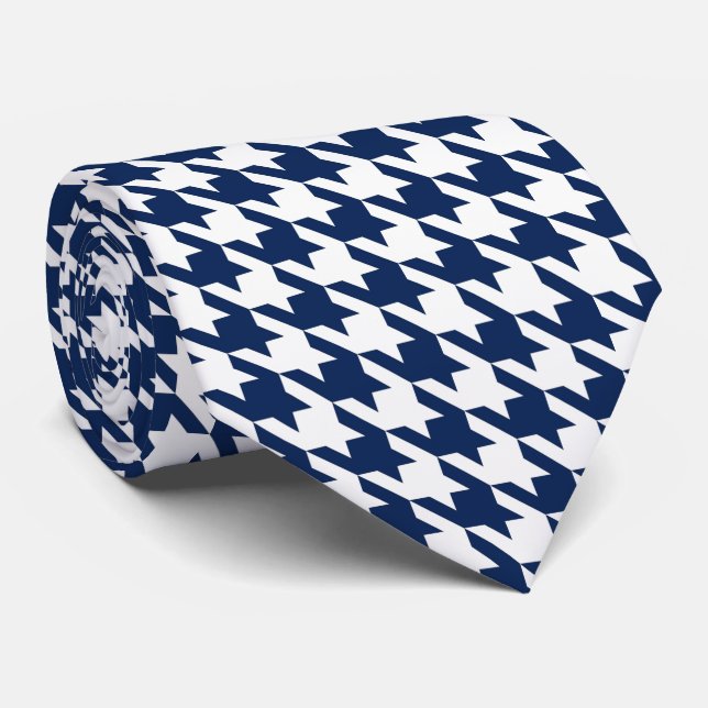 Cravate Bleu marine blanc Pied de Poule Houndstooth (Roulé)