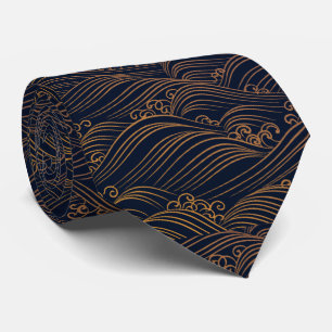 Cravate Bleu marine japonais de motif de vagues et brun