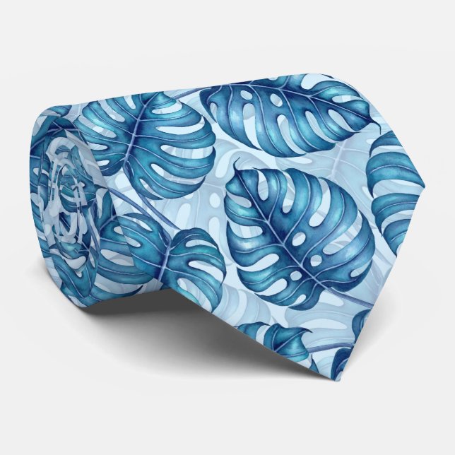 Cravate bleu motif d'aquarelle Monstera (Roulé)