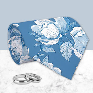 Cravate Bleu Moyen et Blanc Chinoiserie Floral