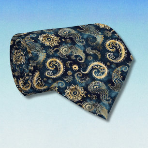 Cravate Bleu Or Engrenages Steampunk Paisley Élégant