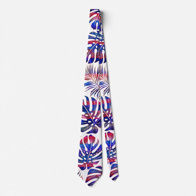 Cravate Bleu, rouge et or à motifs tropicaux feuille (Devant)