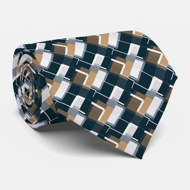 Cravate Bleu tendance Gold Brown noir blanc plaid (Roulé)
