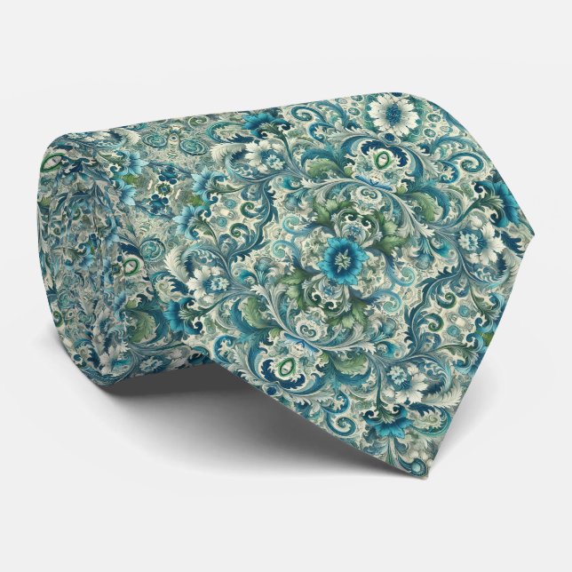 Cravate Bleu, vert et Turquoise Floral & Motif (Roulé)