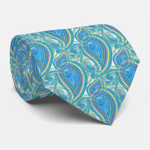 Cravate Bleu Violet Lime Vert Paisley Motif Floral