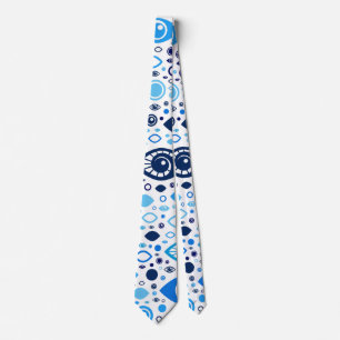 Cravate Bleus grecs et blanc de motif d'oeil mauvais
