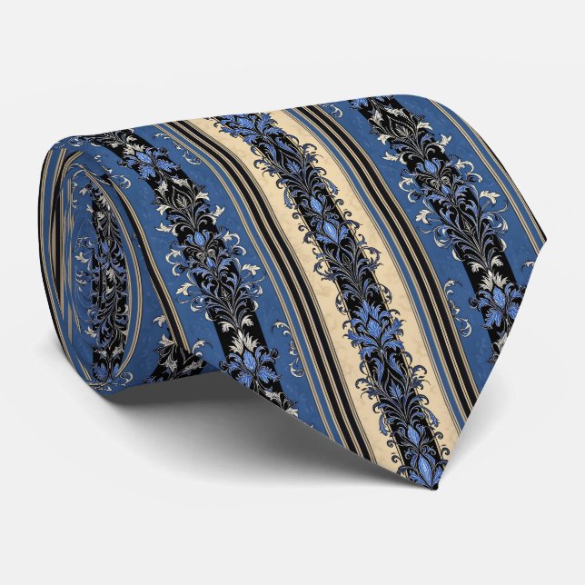 Cravate Blue and Gold Damask Stripes (Roulé)