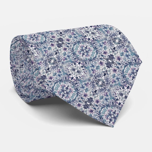Cravate Blues, Purples, Turquoise & Blanc Motif Floral (Roulé)
