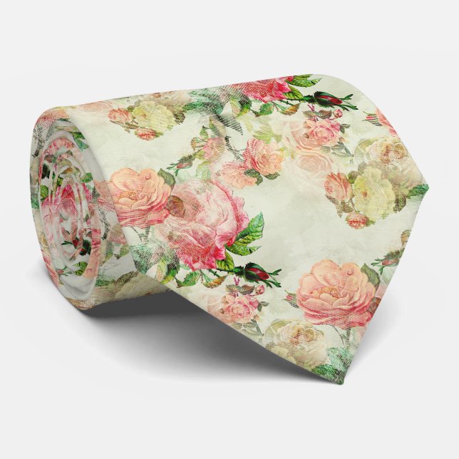 Cravate Blush Peach rose antique Floral Rose Motif d'art (Roulé)