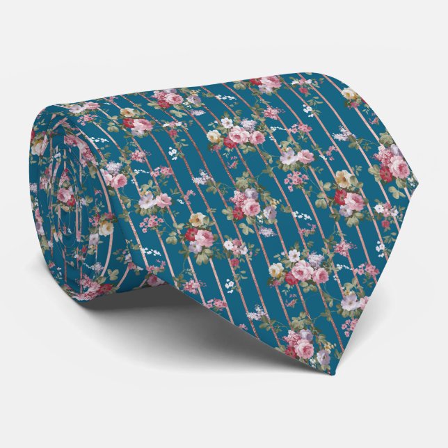 Cravate Bohème bleu rose rouge floral rayures modernes cra (Roulé)