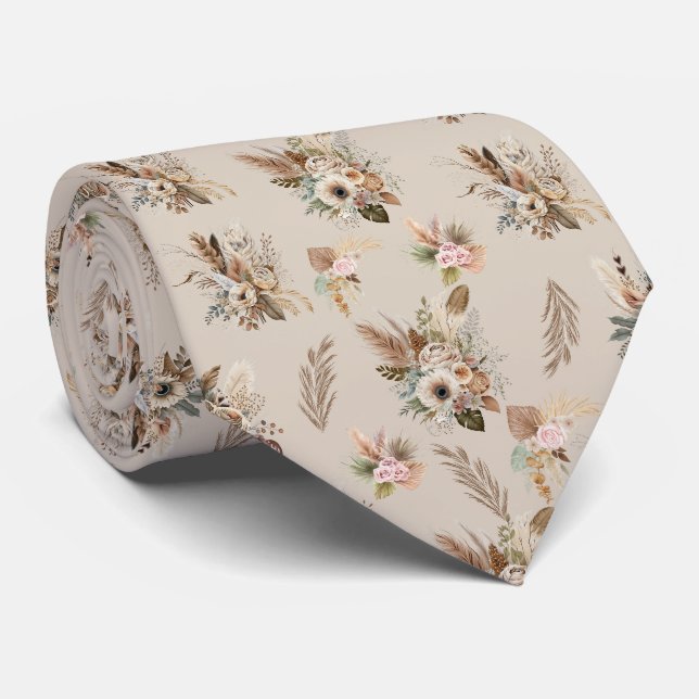 Cravate Boho Beige Brown Floral Botanique tendance Hommes (Roulé)