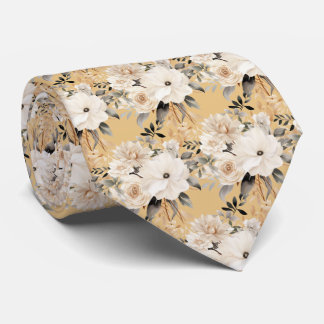 Cravate Boho Beige Gold White Roses Floral Neck Tie