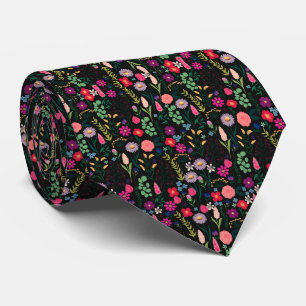 Cravate Boho Botanique Aquarelle Fleurs Noir