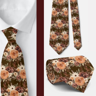 Cravate Boho Brown or Floral Aquarelle Fleurs Mariage