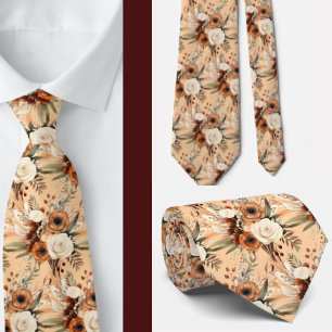 Cravate Boho Brown or Floral Aquarelle Fleurs Mariage
