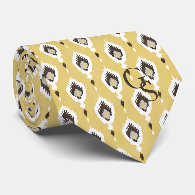 Cravate Boho chic jaune ikat motif tribal monogramme (Roulé)
