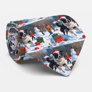 Cravate Border Collie Scène festive de Noël enneigée