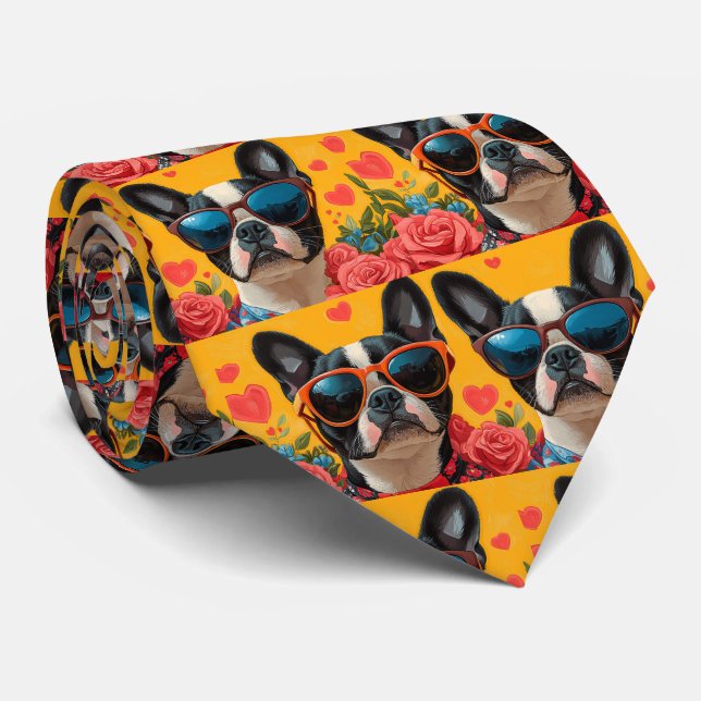 Cravate Boston Terrier avec coeur Roses Saint-Valentin (Roulé)