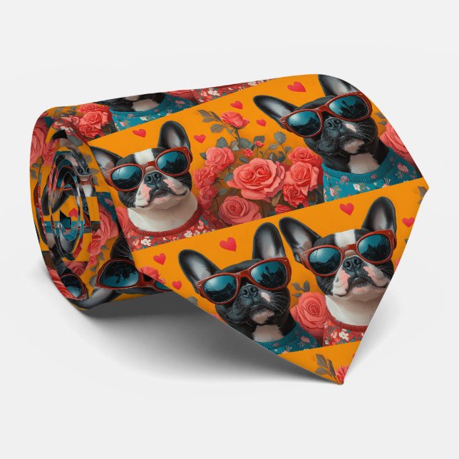 Cravate Boston Terrier avec coeur Roses Saint-Valentin (Roulé)
