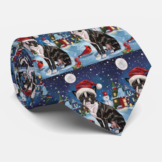Cravate Boston Terrier Dog Winter Wonderland Noël Joie (Roulé)