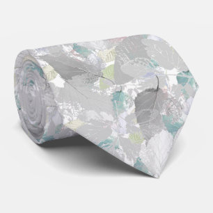 Cravate Botanical, grey, leaves, white and grey, turquoise