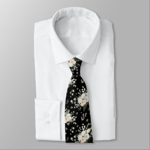 Cravate Bouquet de fleurs de Mariage blanc sur noir