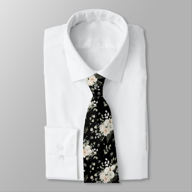 Cravate Bouquet de fleurs de Mariage blanc sur noir (Attaché)