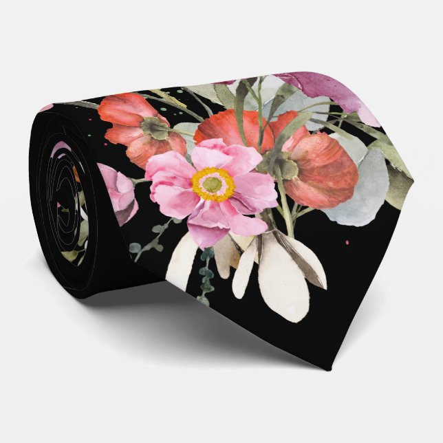 Cravate Bouquet de fleurs Mariages roses sur noir (Roulé)