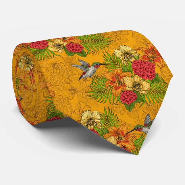 Cravate Bouquet tropical et colibris 2 (Roulé)