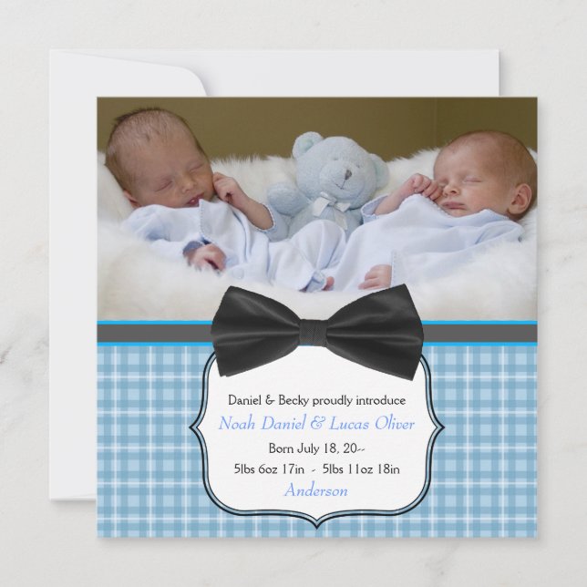 Cravate Bow Twin Baby Boy Photo Faire-part de nais (Devant)