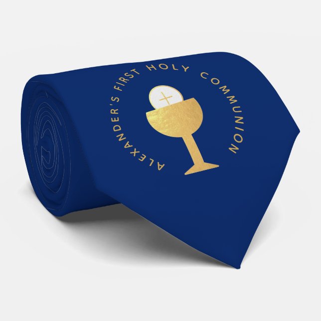 Cravate Boy First Communion Royal Blue Faux Gold Chalice (Roulé)